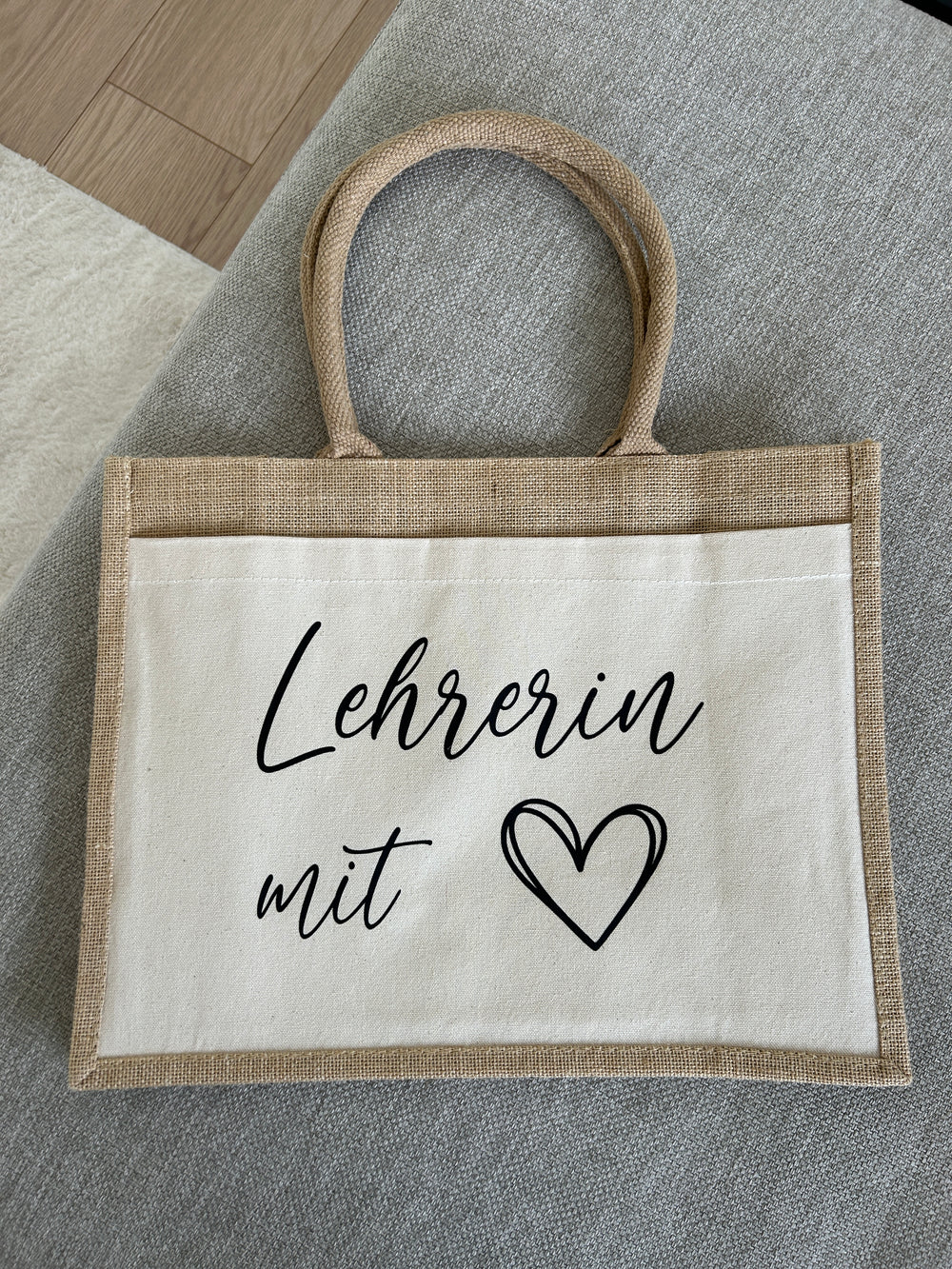 Jutetaschen - Lehrerin mit Herz - Loveda - Handmade with Love