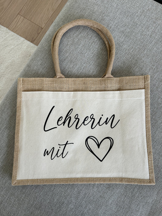 Jutetaschen - Lehrerin mit Herz - Loveda - Handmade with Love